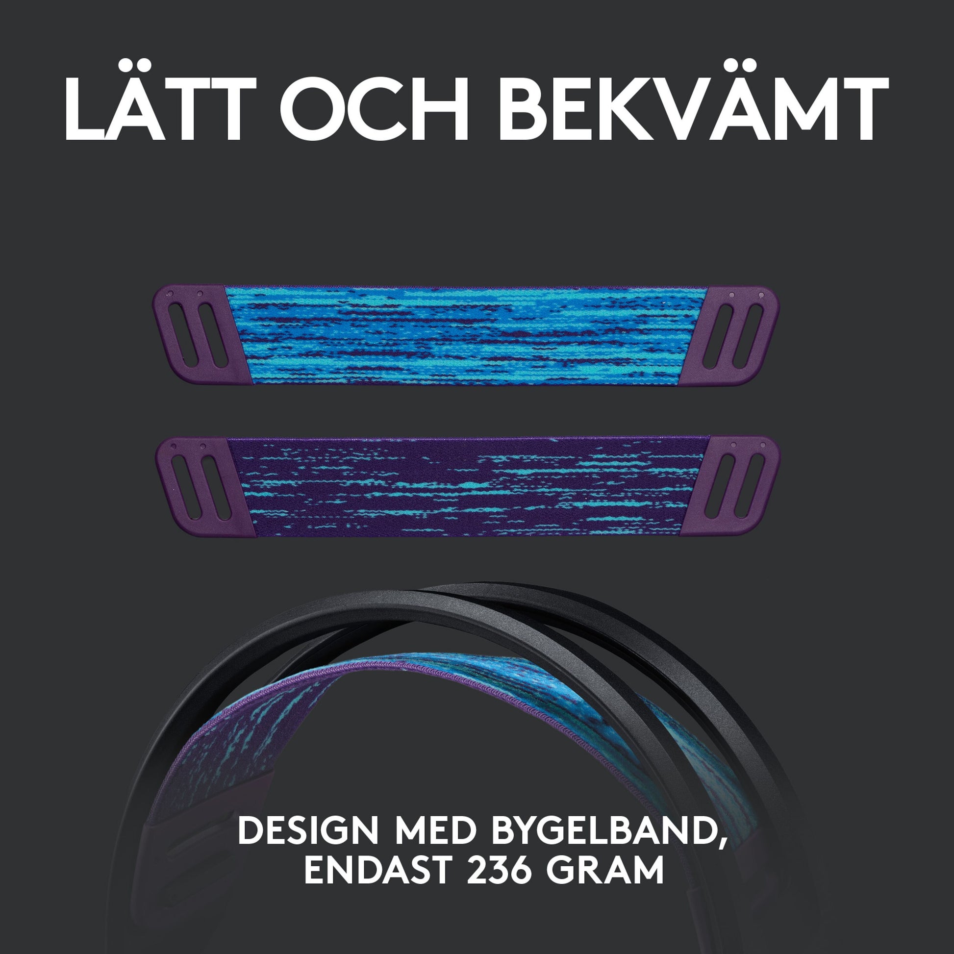 Logitech G 535 Lightspeed trådløst gamingheadset med blå og lilla stropper, sort bøjle, tekst "LÄTT OCH BEKVÄMT.