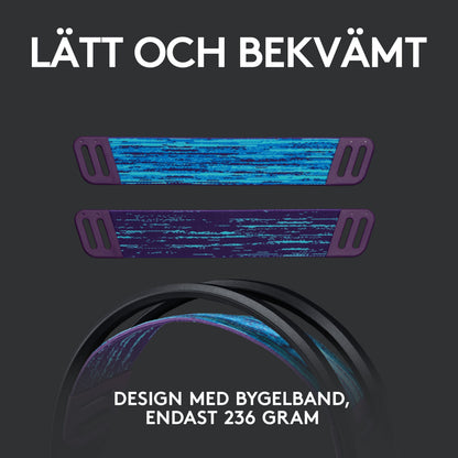 Logitech G 535 Lightspeed trådløst gamingheadset med blå og lilla stropper, sort bøjle, tekst "LÄTT OCH BEKVÄMT.