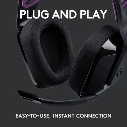 Logitech G535 Lightspeed trådløst gamingheadset sorteret/lilla med mikrofon, teksten "PLUG AND PLAY" og "EASY-TO-USE, INSTANT CONNECTION.