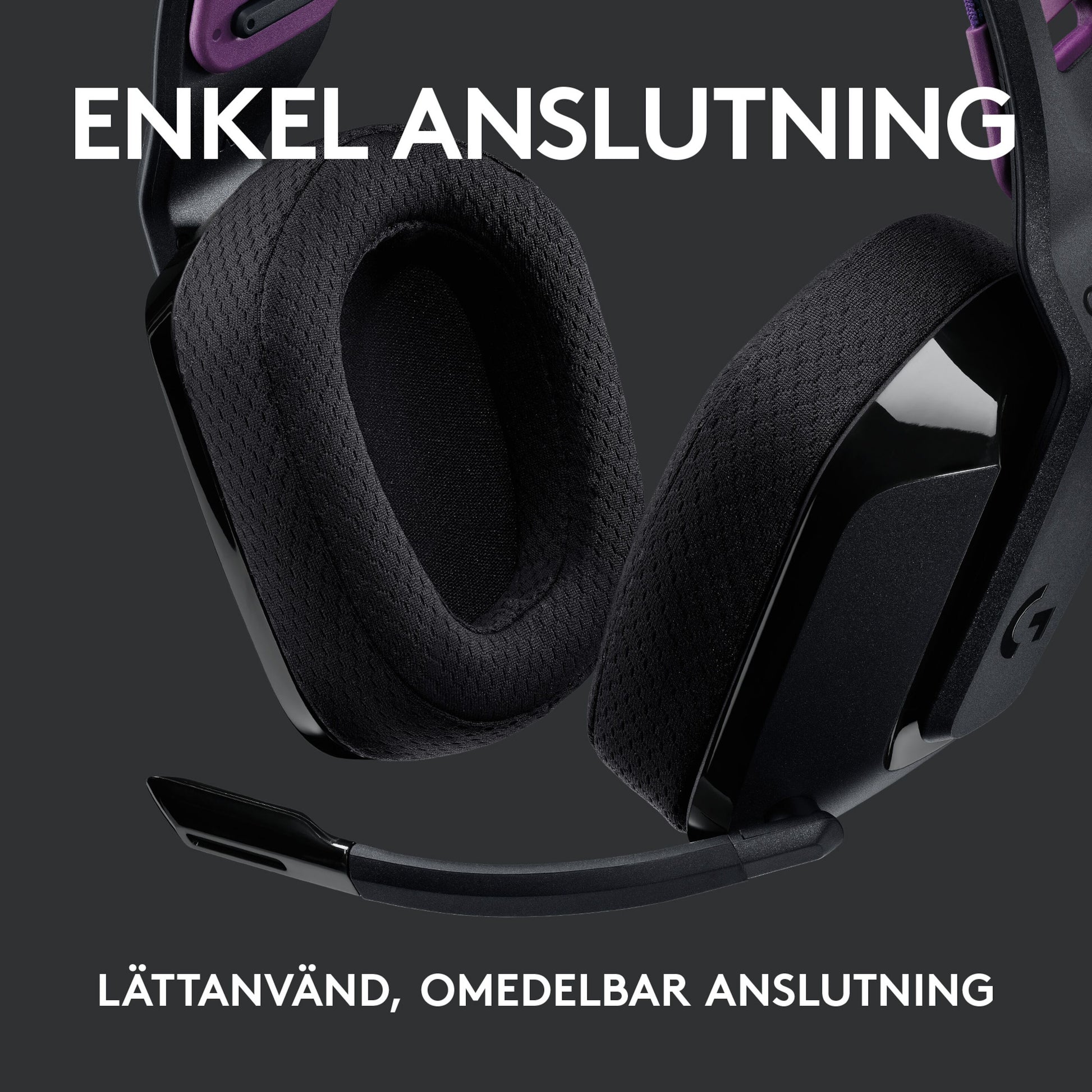 Sort Logitech G 535 Lightspeed trådløst gamingheadset med mikrofon, svensk tekst "Enkel anslutning" og "Lättanvänd, omedelbar anslutning.