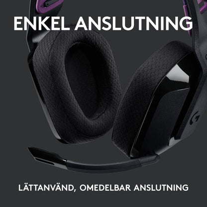 Sort Logitech G 535 Lightspeed trådløst gamingheadset med mikrofon, svensk tekst "Enkel anslutning" og "Lättanvänd, omedelbar anslutning.