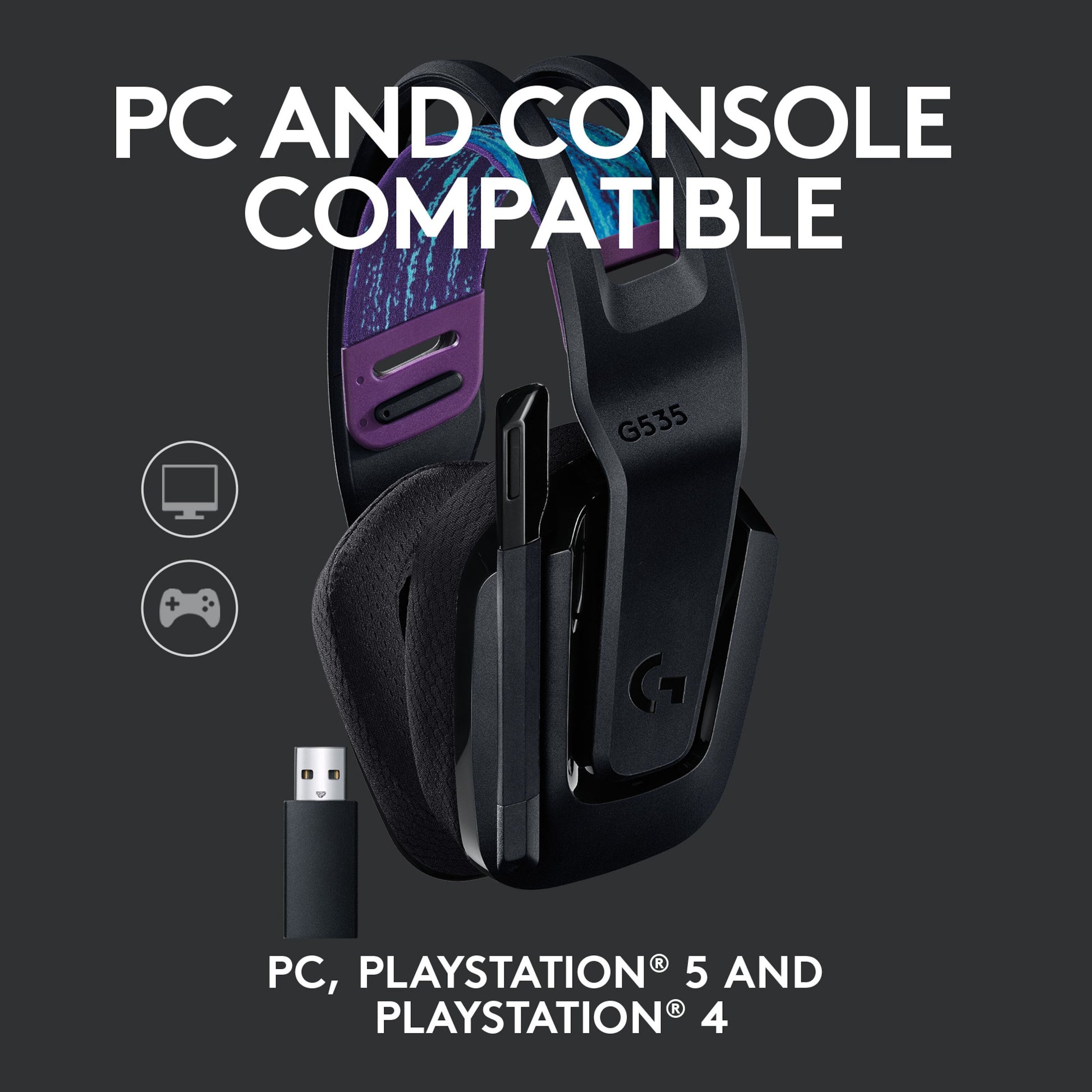 Sort Logitech G535 Lightspeed trådløst gamingheadset med USB-dongle, lang batteritid, til PC, PS5 og PS4.