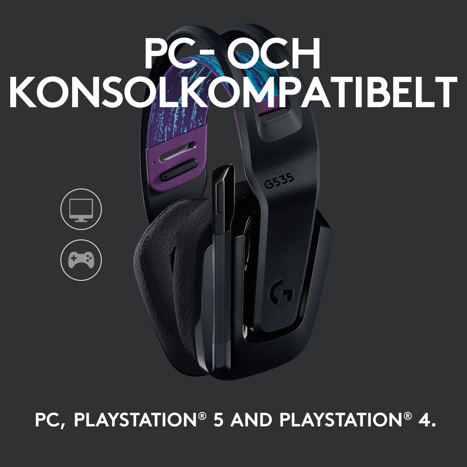 Logitech G535 Lightspeed trådløst gamingheadset sort/lilla, svensk tekst om batteritid, PC/PS5/PS4 ikoner synlige.