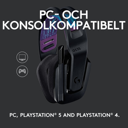 Logitech G535 Lightspeed trådløst gamingheadset sort/lilla, svensk tekst om batteritid, PC/PS5/PS4 ikoner synlige.