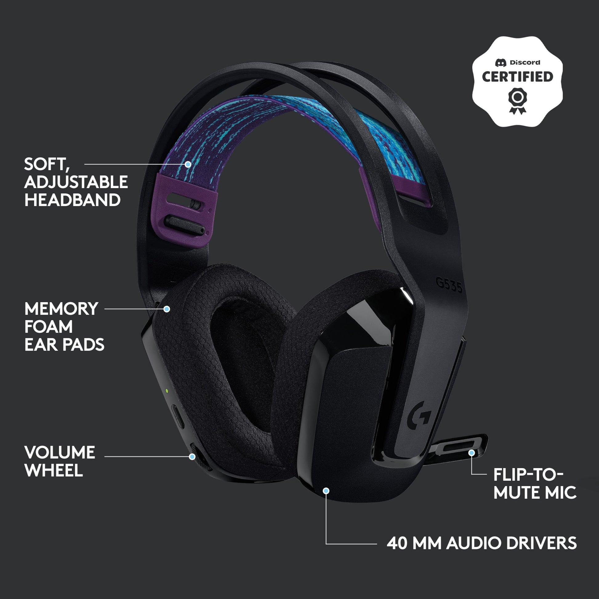 Logitech G 535 Lightspeed trådløst gamingheadset sort, justerbar bøjle, memory foam ørepuder, 40 mm drivere.