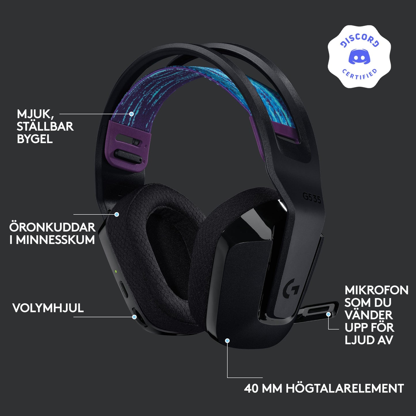 Logitech G 535 Lightspeed trådløst gamingheadset sort/lilla, memory foam ørepuder, 40 mm drivere, flip-to-mute mikrofon.