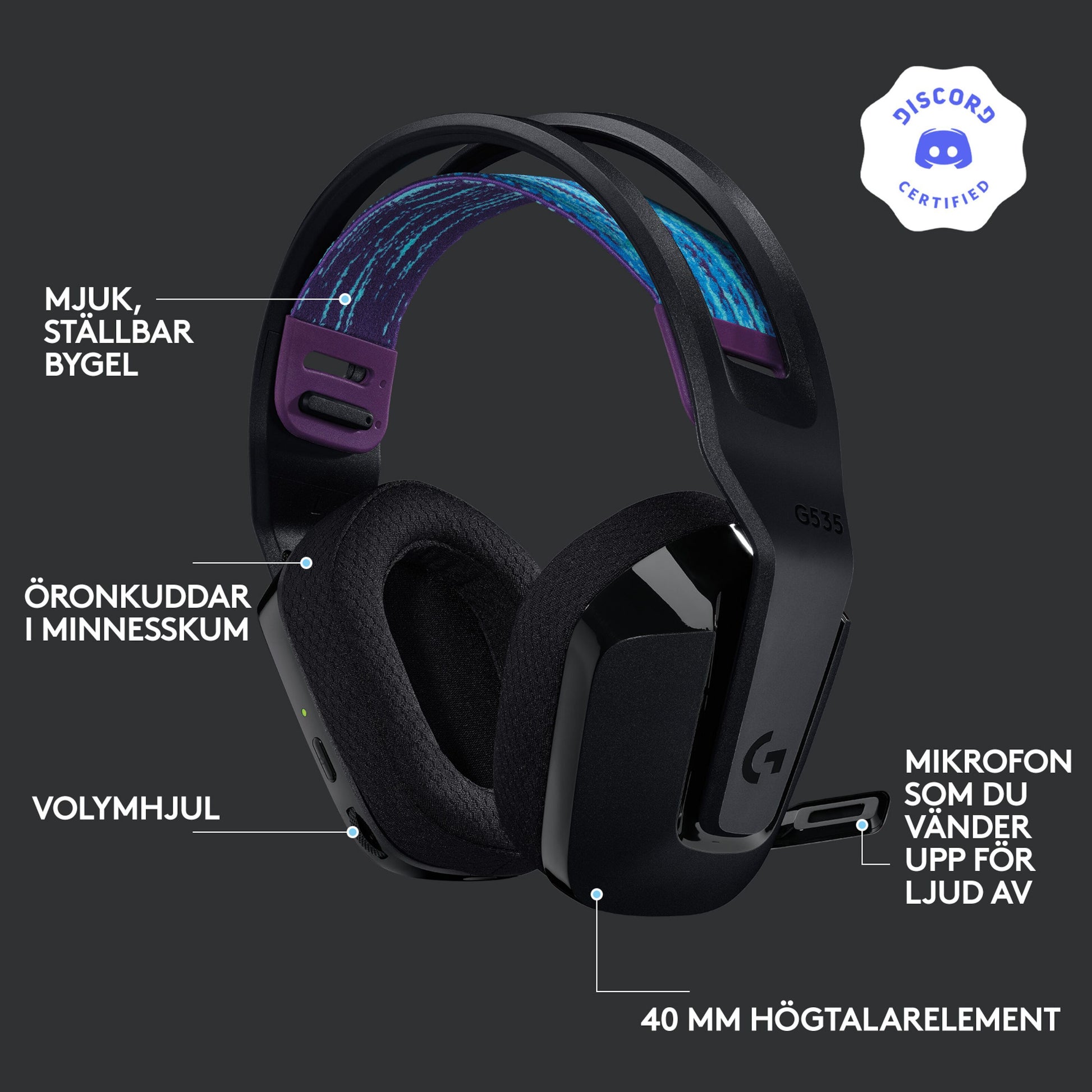 Logitech G 535 Lightspeed trådløst gamingheadset sort/lilla, memory foam ørepuder, 40 mm drivere, flip-to-mute mikrofon.