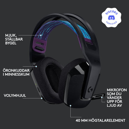 Logitech G 535 Lightspeed trådløst gamingheadset sort/lilla, memory foam ørepuder, 40 mm drivere, flip-to-mute mikrofon.
