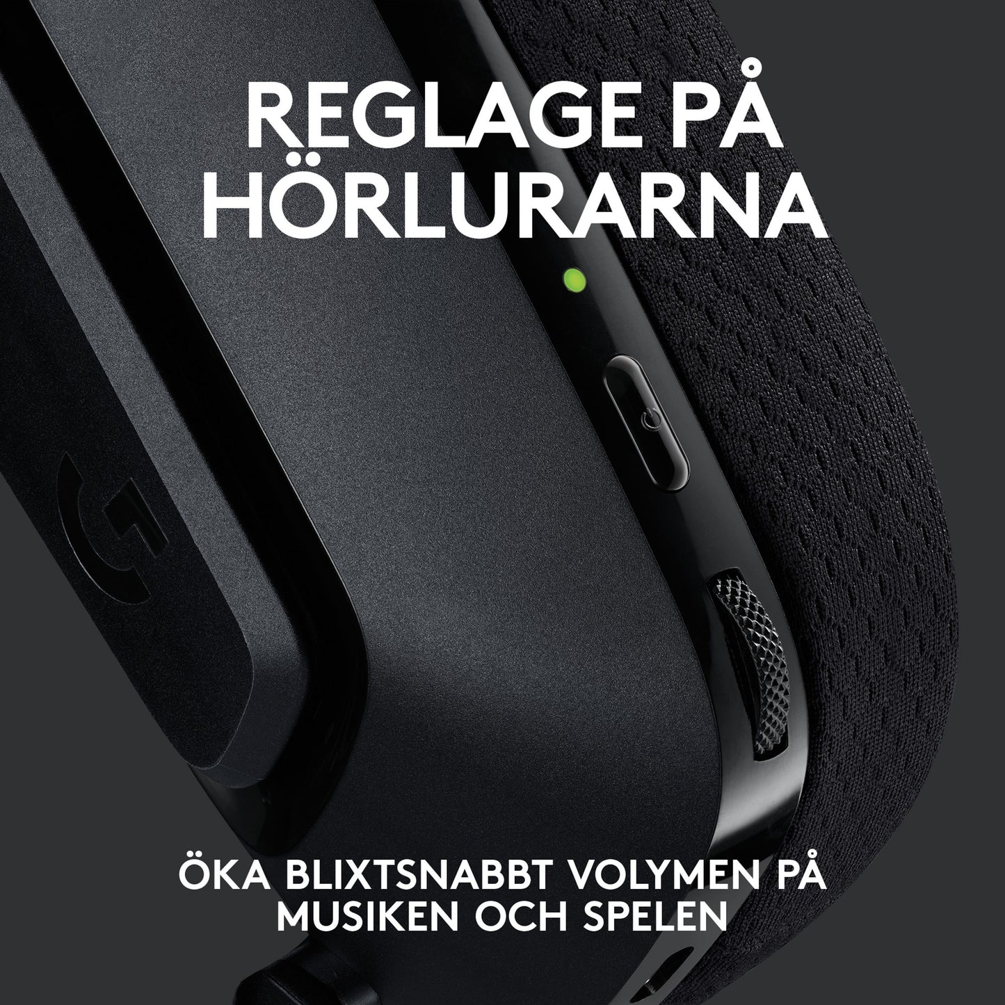 Logitech G 535 Lightspeed trådløst gamingheadset sort, synlige volumenkontroller og indikatorlys, nærbillede.
