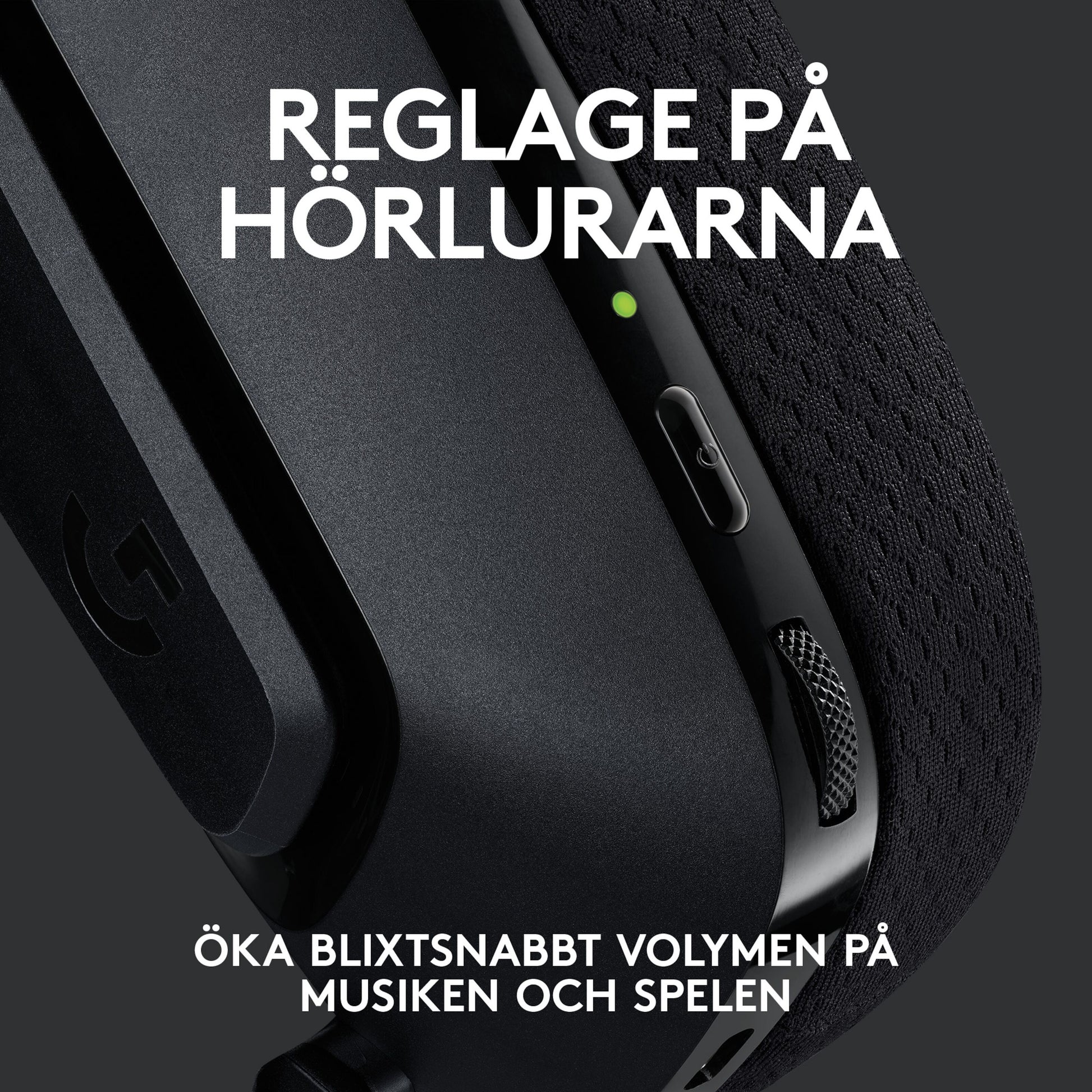 Logitech G 535 Lightspeed trådløst gamingheadset sort, synlige volumenkontroller og indikatorlys, nærbillede.