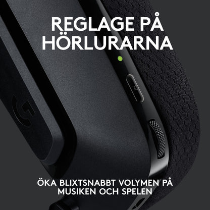Logitech G 535 Lightspeed trådløst gamingheadset sort, synlige volumenkontroller og indikatorlys, nærbillede.