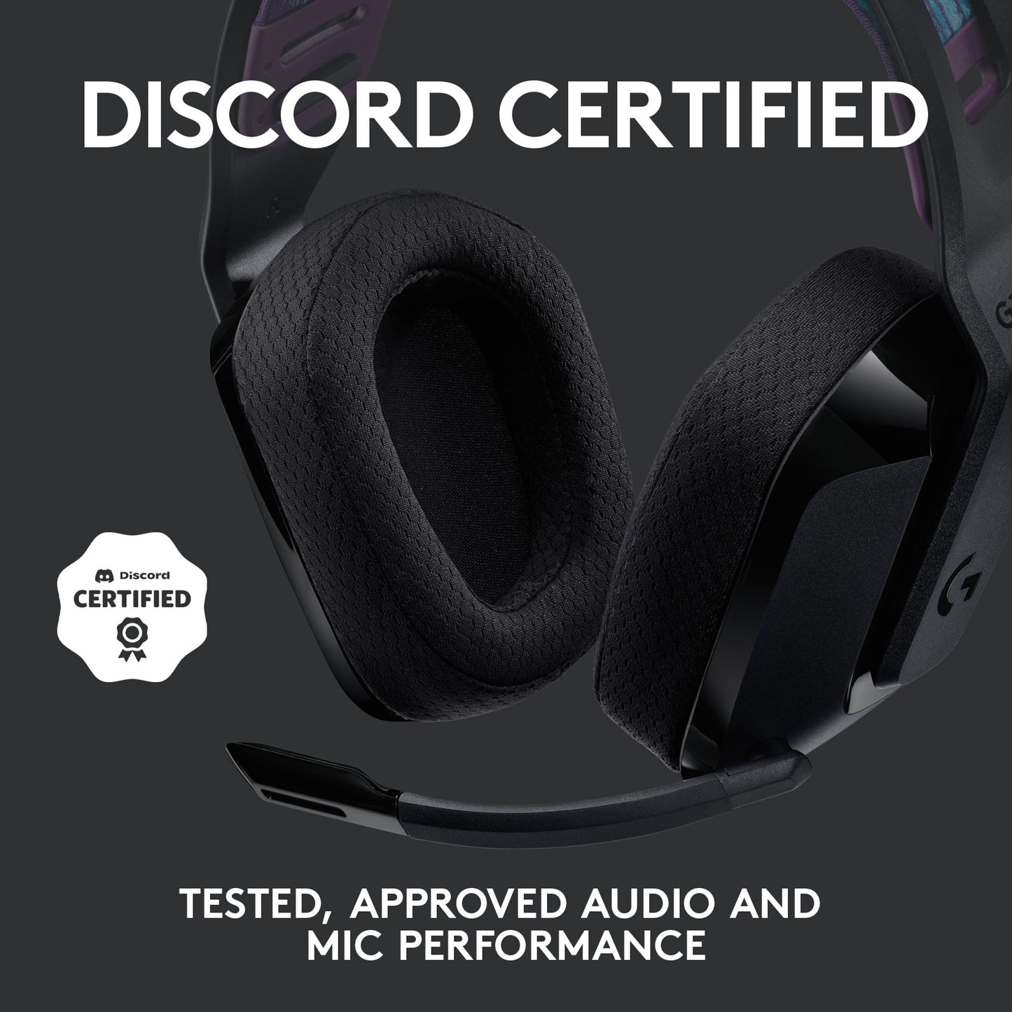 Logitech G535 Lightspeed trådløst gamingheadset med mikrofon, Discord Certified badge og tekst om god lyd- og mik-præstation.