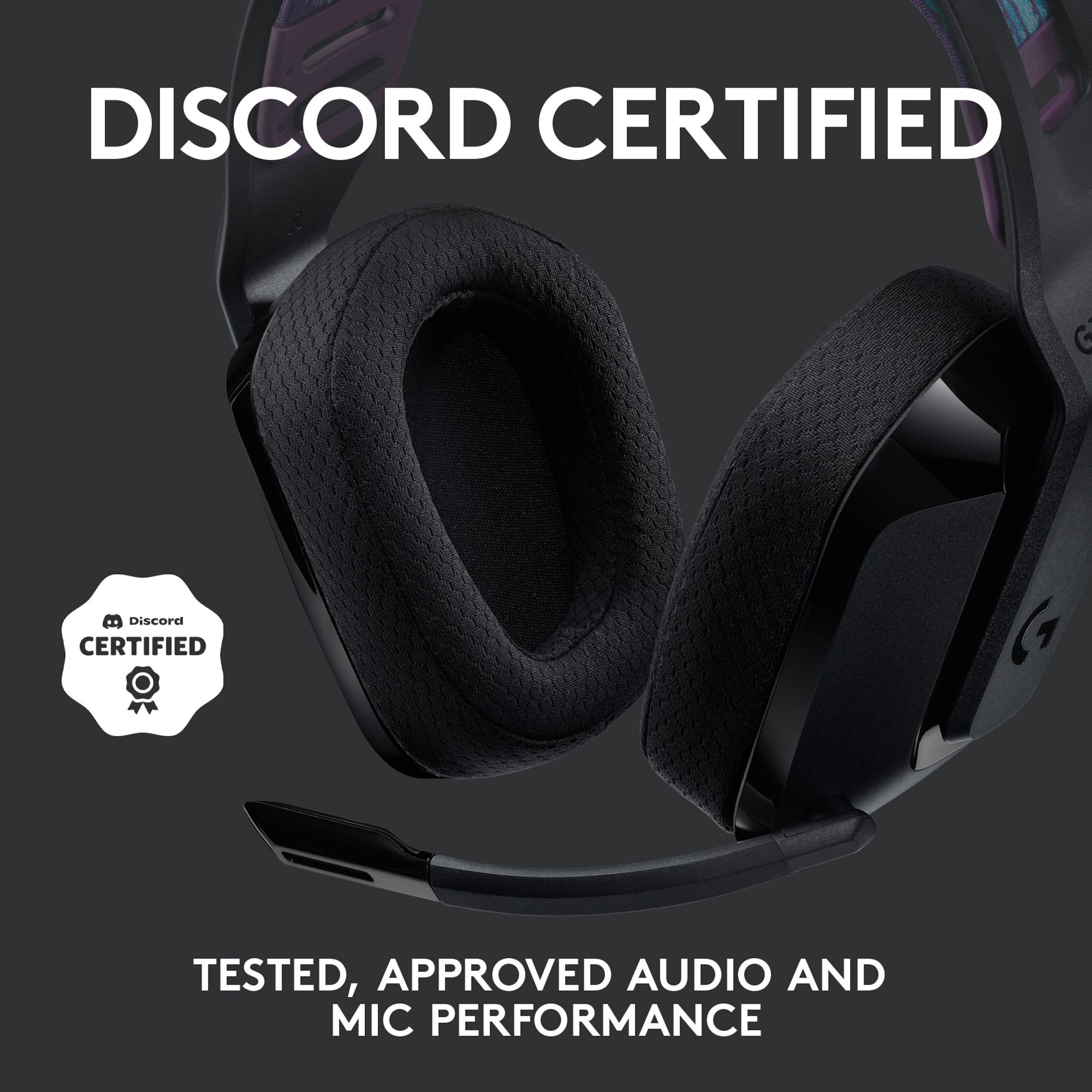 Logitech G535 Lightspeed trådløst gamingheadset med mikrofon, Discord Certified badge og tekst om god lyd- og mik-præstation.