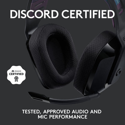 Logitech G535 Lightspeed trådløst gamingheadset med mikrofon, Discord Certified badge og tekst om god lyd- og mik-præstation.