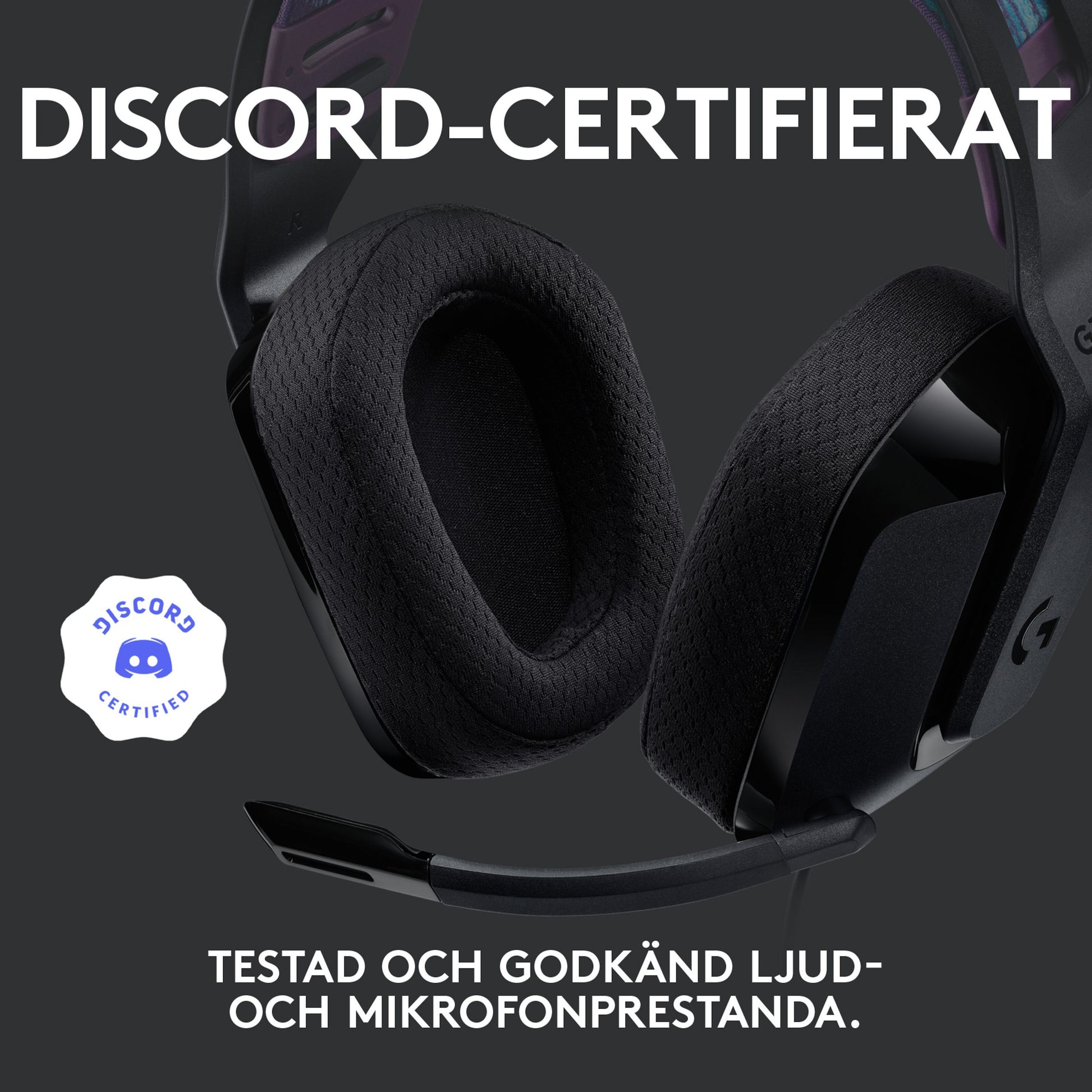 Logitech G535 Lightspeed trådløst gamingheadset med mikrofon, Discord Certified-badge og svensk tekst om lang batteritid.