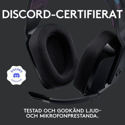 Logitech G535 Lightspeed trådløst gamingheadset med mikrofon, Discord Certified-badge og svensk tekst om lang batteritid.