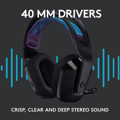 Logitech G 535 Lightspeed trådløst gamingheadset sort/lilla med 40 mm drivere, tekst: SKARP, KLAR OG DYB STEREOLYD.