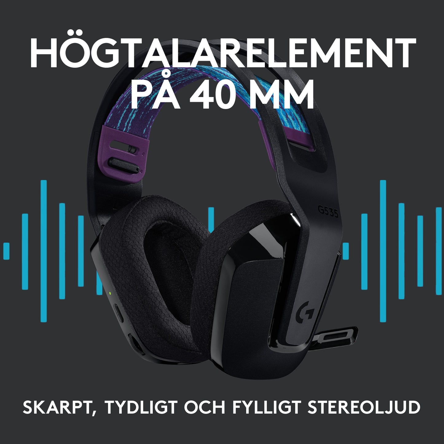 Logitech G 535 Lightspeed trådløst gamingheadset i sort med lilla og blå detaljer, 40 mm højtalere, svensk tekst.