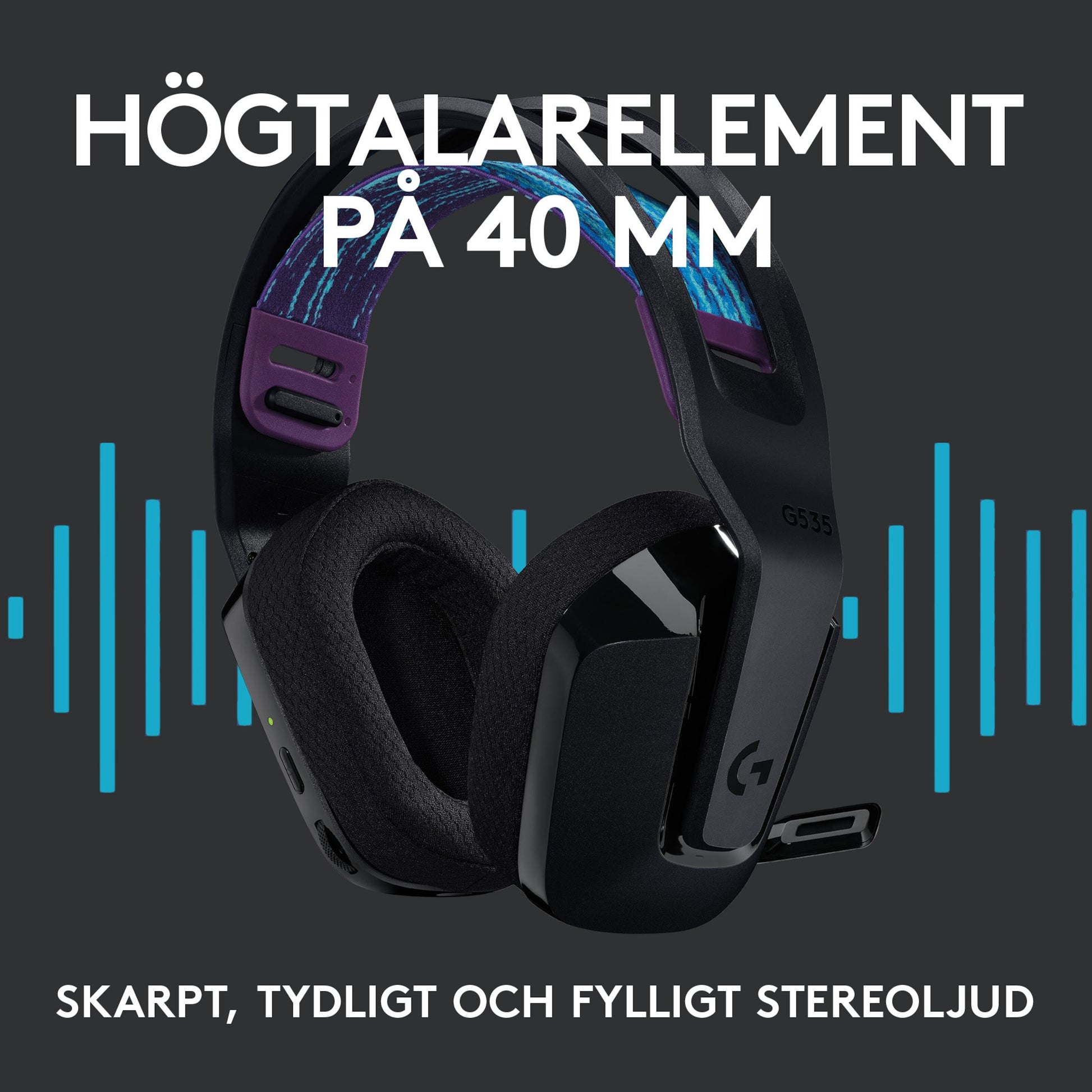 Logitech G 535 Lightspeed trådløst gamingheadset i sort med lilla og blå detaljer, 40 mm højtalere, svensk tekst.