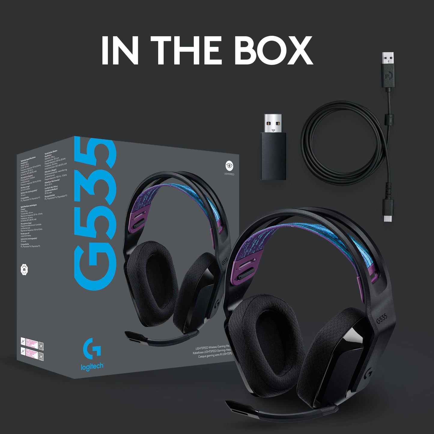 Logitech G 535 Lightspeed trådløst gamingheadset med emballage, USB-modtager, USB-C ladekabel, tekst IN THE BOX.