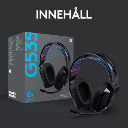 Sort Logitech G535 Lightspeed trådløst gamingheadset ved siden af æske, "INNEHÅLL" tekst synlig over produktet.