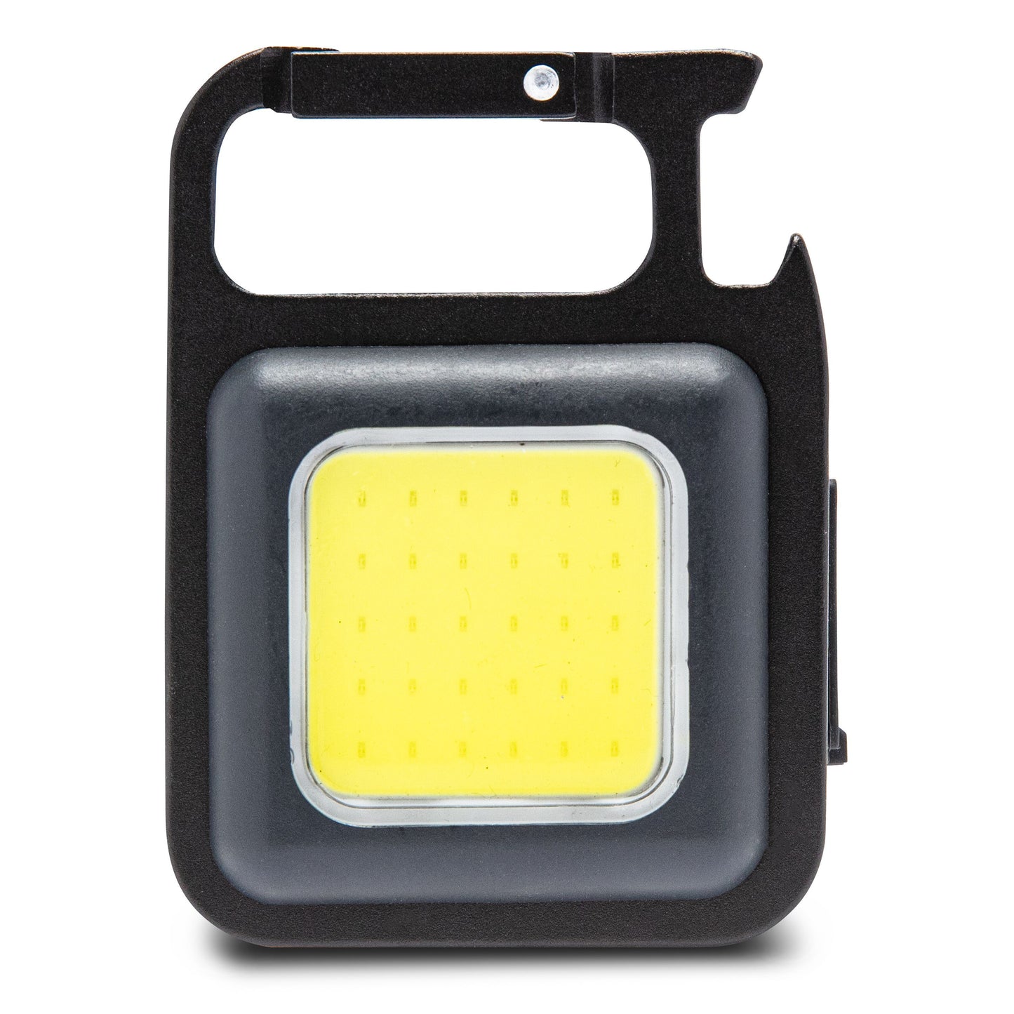 Kraftfuld multifunktionslampe 750 lm LED, rektangulær med sort ramme, gul front, magnetfod og karabinhage.