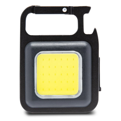 Kraftfuld multifunktionslampe 750 lm LED, rektangulær med sort ramme, gul front, magnetfod og karabinhage.
