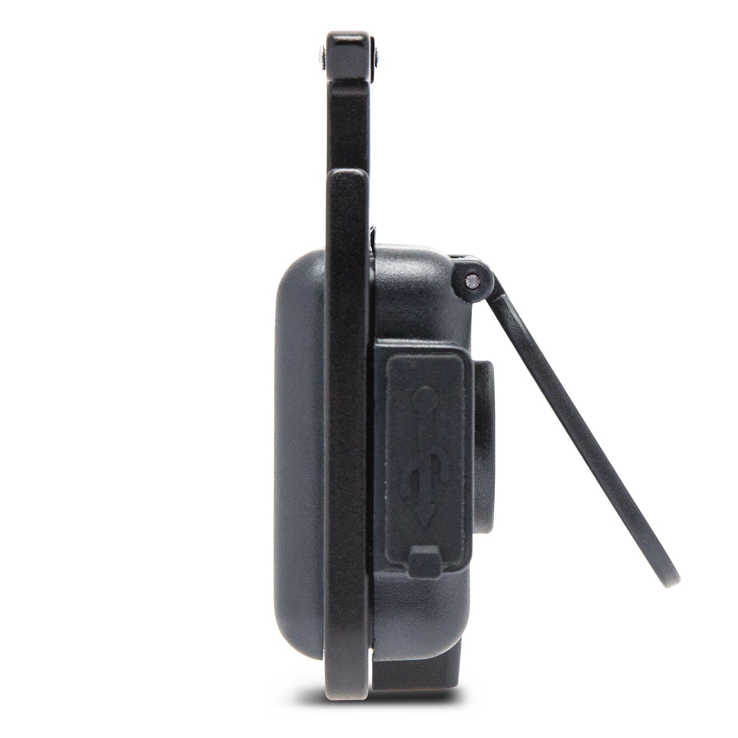 Luxorparts Kraftfuld multifunktionslampe 750 lm sort, side, flap åben med synlig USB-port og magnetisk lampefunktion.