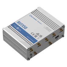 Teltonika RUTX50 5G-router sølvlakeret aluminium, dobbelt SIM, SMA-antennekontakter til mobil/GPS/Wi-Fi, USB-port, IP 192.168.1.1.