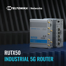 Teltonika RUTX50 5G routere med modem, modelnavn RUTX50 INDUSTRIAL 5G ROUTER og Teltonika-logo synligt.