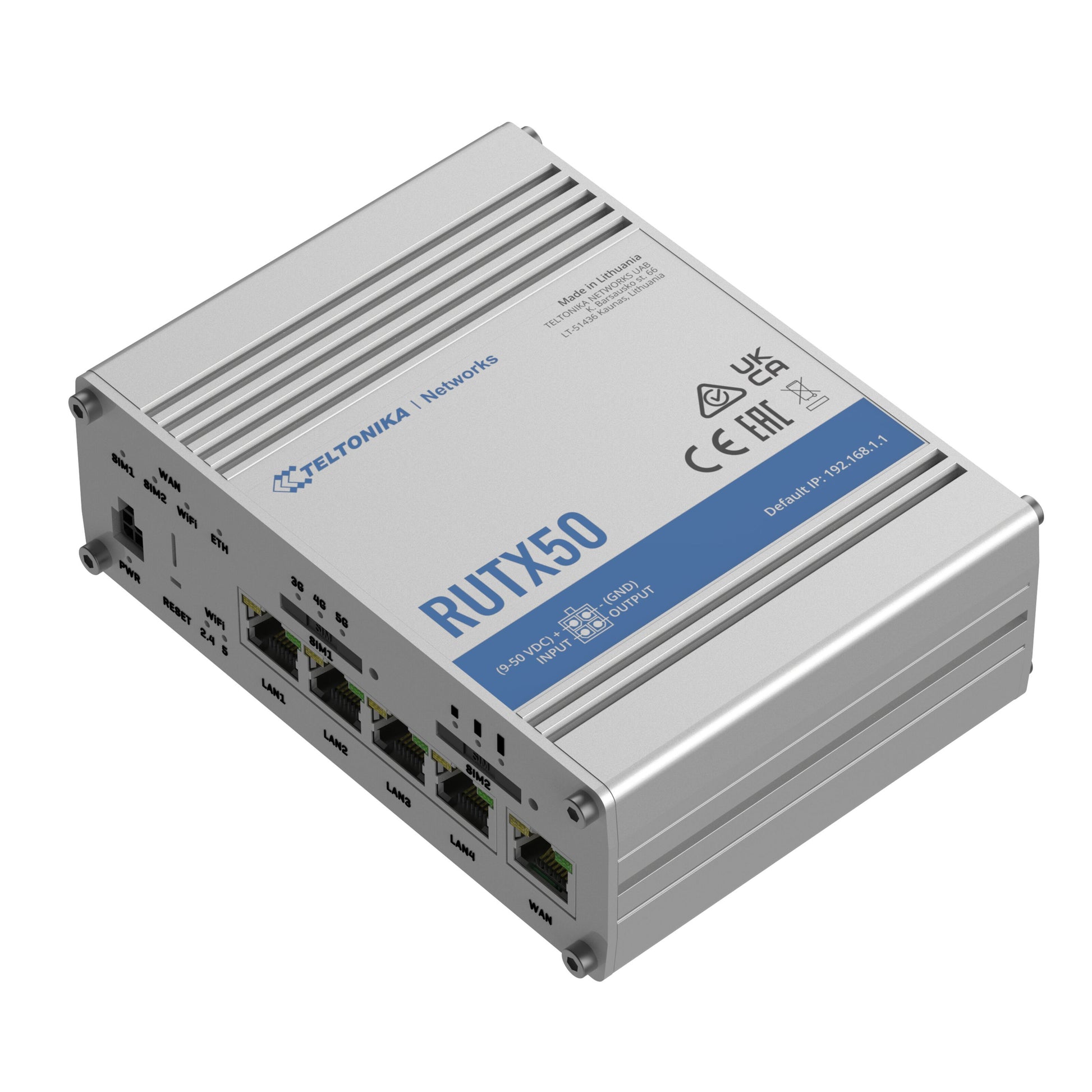 Teltonika RUTX50 5G-router med modem, dobbelt SIM, flere Ethernet-porte, status-LEDs og certificeringer synligt på toppen.