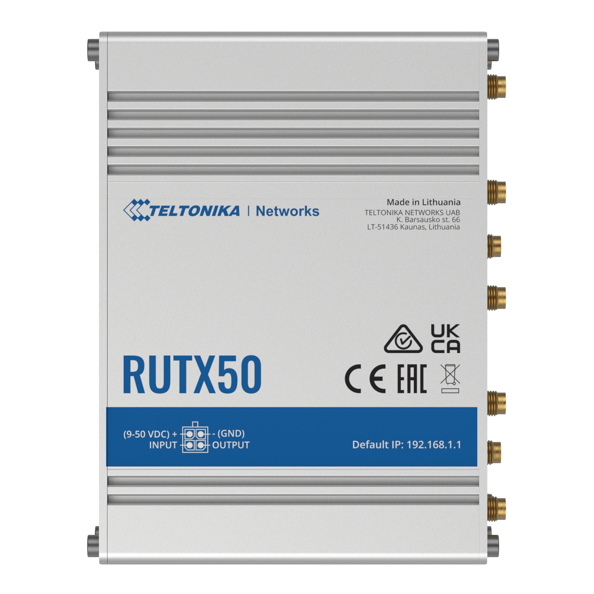 Teltonika RUTX50 5G-router front, Teltonika logo, compliance ikoner, IP 192.168.1.1, dual SIM slots, guld antennestik.