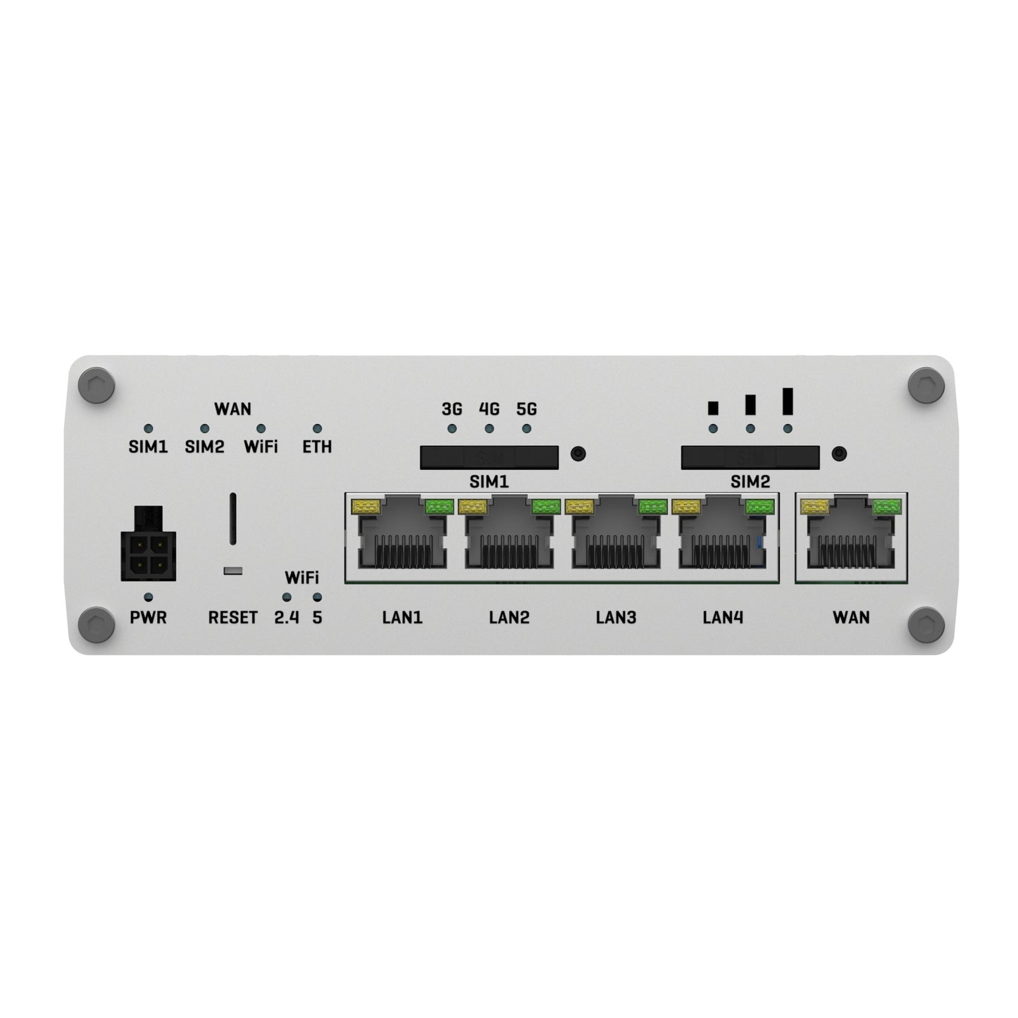 Teltonika RUTX50 5G-router bagfra med modem, 4 LAN-porte, 1 WAN-port, to SIM-slots og indikatorer for netværk og strøm.