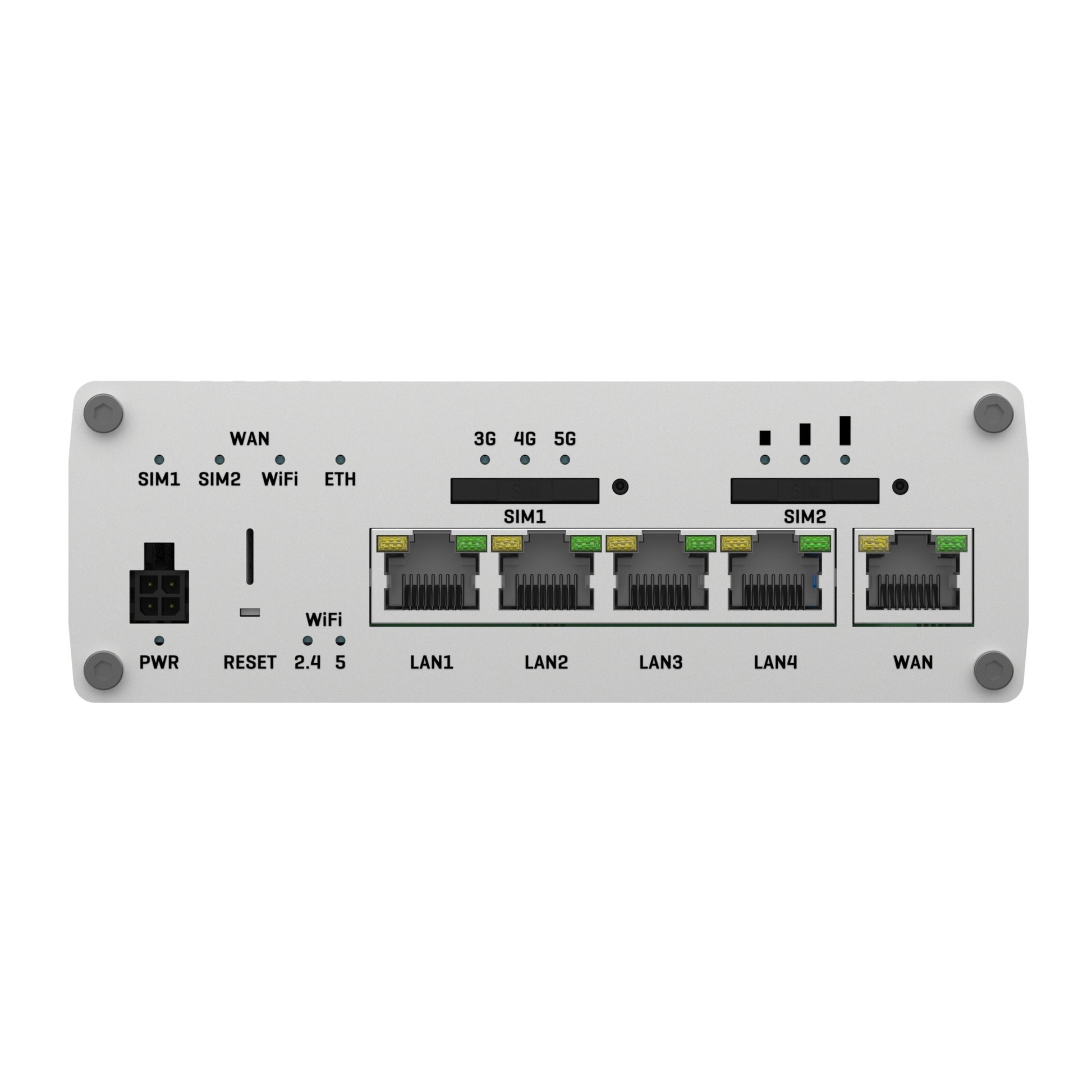 Teltonika RUTX50 5G-router bagfra med modem, 4 LAN-porte, 1 WAN-port, to SIM-slots og indikatorer for netværk og strøm.