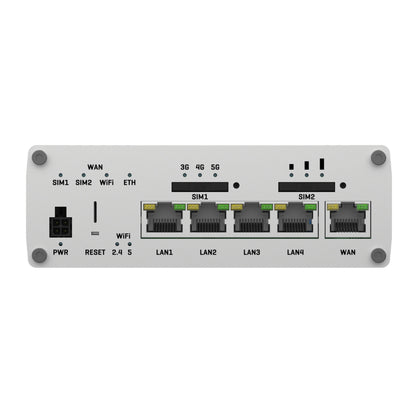 Teltonika RUTX50 5G-router bagfra med modem, 4 LAN-porte, 1 WAN-port, to SIM-slots og indikatorer for netværk og strøm.