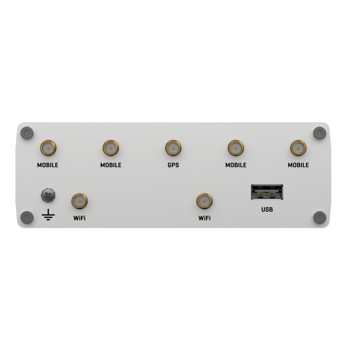 Teltonika RUTX50 5G-router bagpanel med 4 mobilporte, GPS-port, 2 WiFi-porte, USB-port og jordskrueterminal.