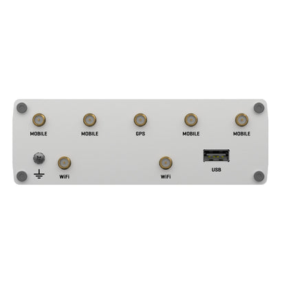 Teltonika RUTX50 5G-router bagpanel med 4 mobilporte, GPS-port, 2 WiFi-porte, USB-port og jordskrueterminal.