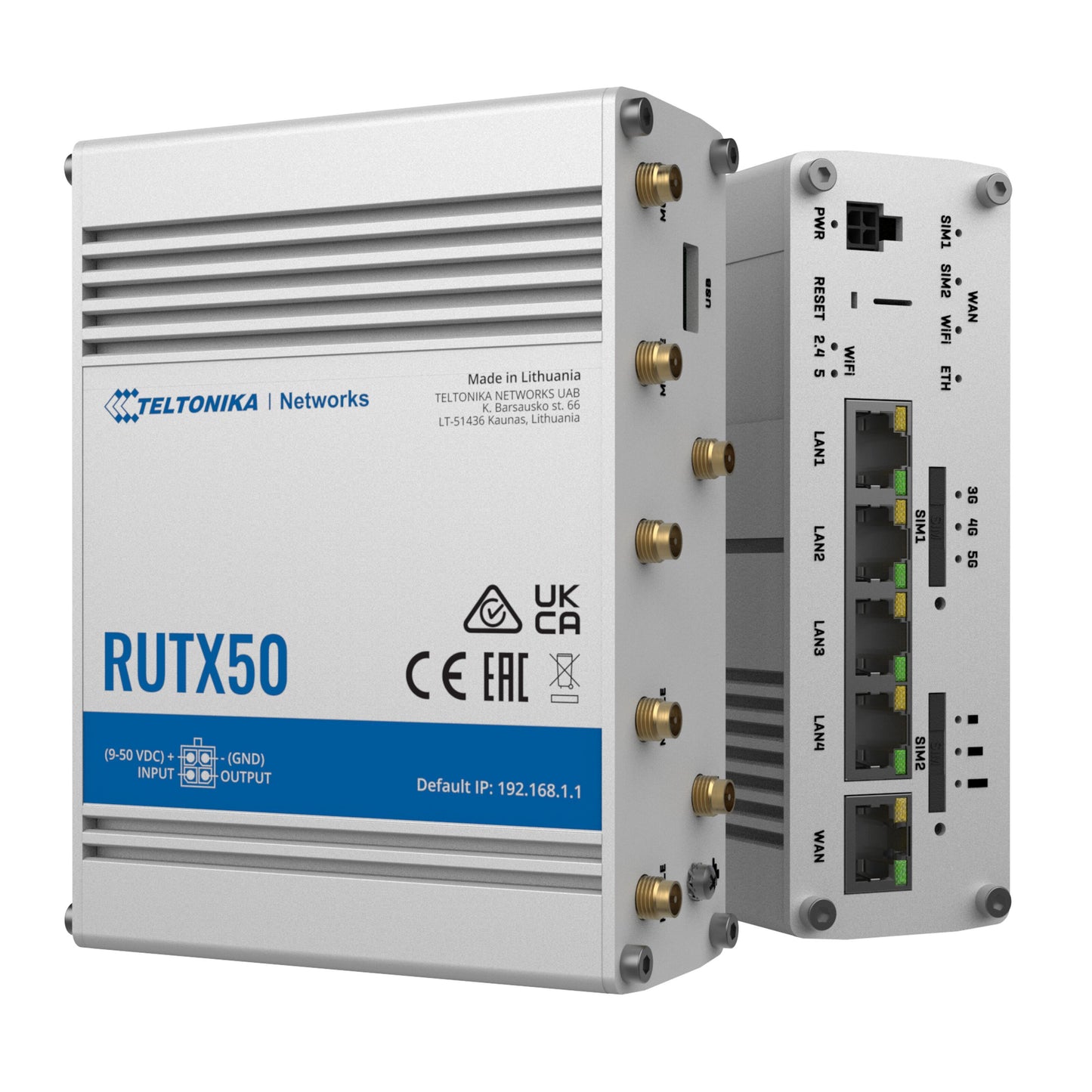 Teltonika RUTX50 5G router sølv med modem, flere antenneporte, 4 Ethernet-porte, LED-indikatorer og dual SIM.
