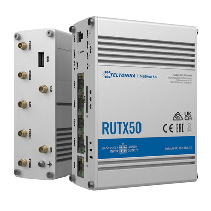 Teltonika RUTX50 5G-router med modem, sølvfarvet kabinet, blå Teltonika-logo, antenneporte, Ethernet, USB og dual SIM.