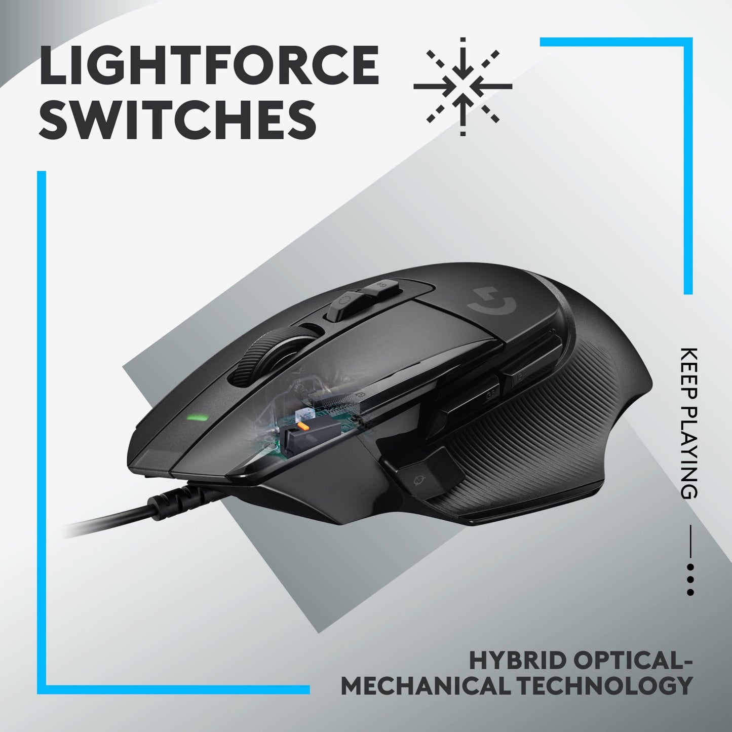Logitech G502 X gamingmus sort med tekst: Lightforce-kontakter, hybrid optisk-mekanisk, HERO 25K-sensor.
