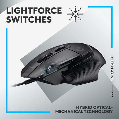 Logitech G502 X gamingmus sort med tekst: Lightforce-kontakter, hybrid optisk-mekanisk, HERO 25K-sensor.