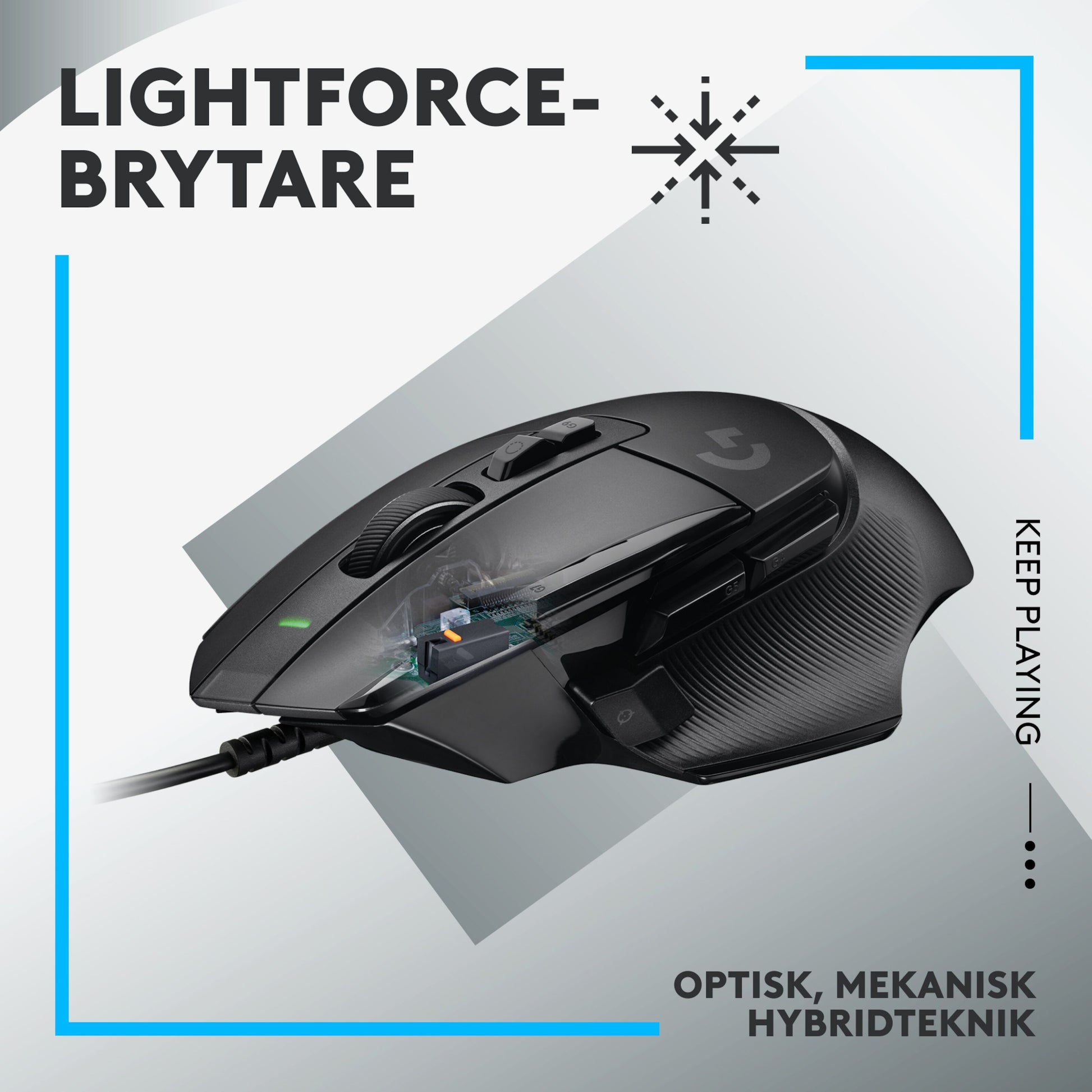 Logitech G502 X gamingmus sort med synlig HERO 25K-sensor, LIGHTFORCE-brytere, optisk mekanisk hybridteknik.