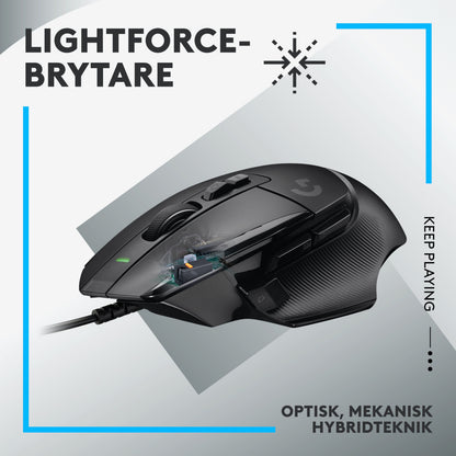 Logitech G502 X gamingmus sort med synlig HERO 25K-sensor, LIGHTFORCE-brytere, optisk mekanisk hybridteknik.