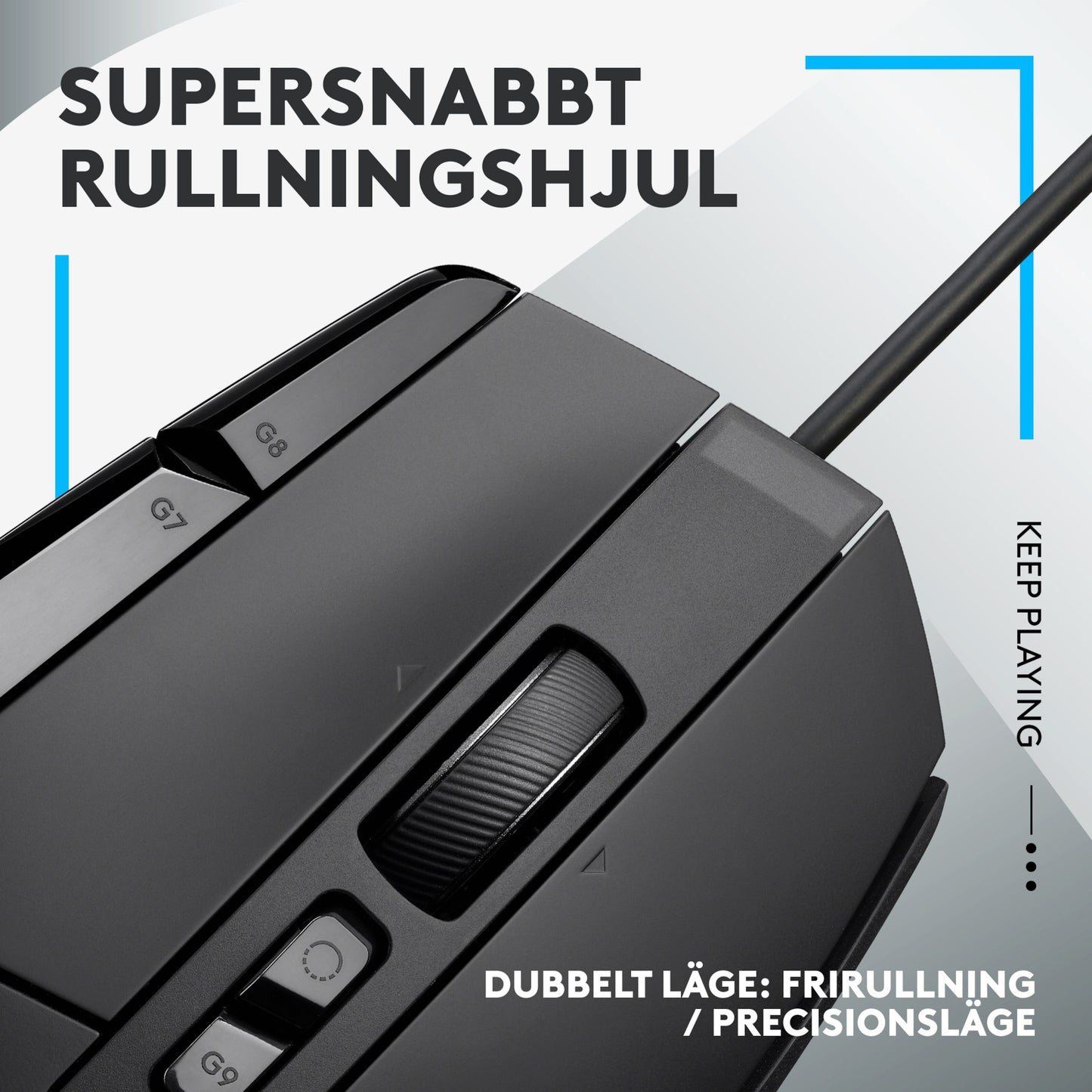 Logitech G502 X gamingmus sort, HERO 25K sensor, tekstureret scrollhjul, ekstra knapper, svensk tekst om hurtig scrollhjul.