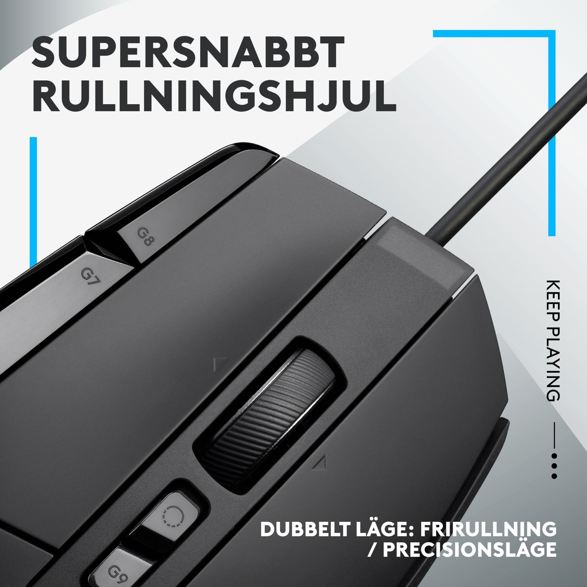 Logitech G502 X gamingmus sort, HERO 25K sensor, tekstureret scrollhjul, ekstra knapper, svensk tekst om hurtig scrollhjul.