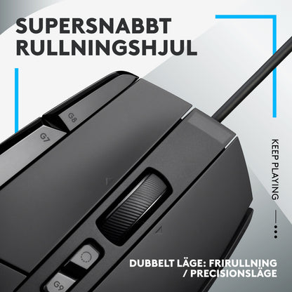 Logitech G502 X gamingmus sort, HERO 25K sensor, tekstureret scrollhjul, ekstra knapper, svensk tekst om hurtig scrollhjul.