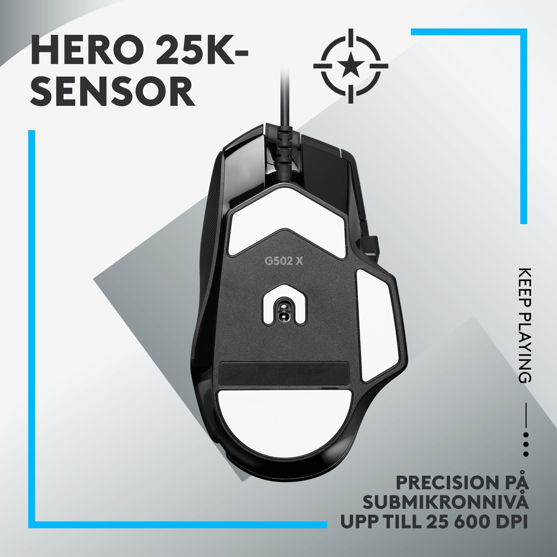 Logitech G 502 X gamingmus sort set nedefra med hvidt sensorfelt, HERO 25K-sensor tekst og DPI-oplysninger.