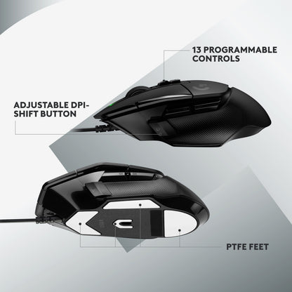 Logitech G502 X gamingmus sort, top- og sidevisning, 13 knapper, justerbar DPI-knap, PTFE-fødder, HERO 25K sensor.