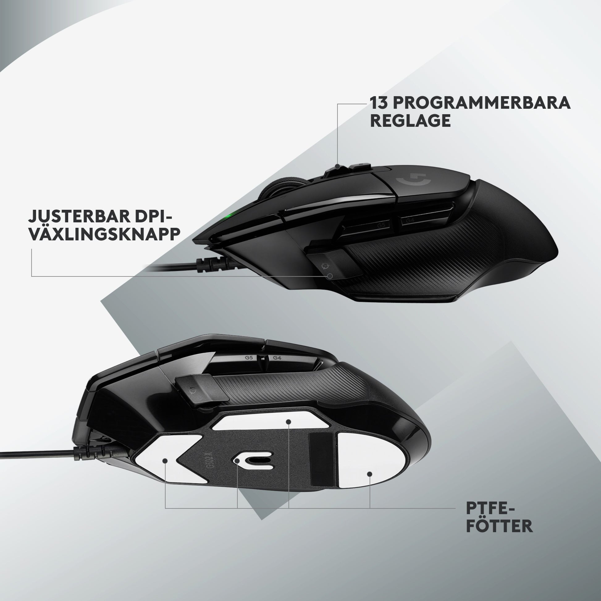 Logitech G502 X gamingmus sort, side og bund med HERO 25K sensor, DPI-knap, 13 knapper, PTFE-fødder, svensk mærkning.