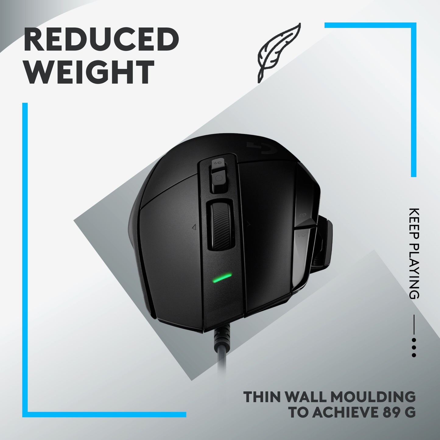 Logitech G502 X gamingmus sort med blå detaljer, HERO 25K sensor, tekst: Reduceret vægt, fortsæt med at spille, 89 g Tynd vægstøbning.